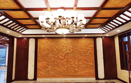 澄海中式别墅客厅中式木作横梁吊顶装饰展示