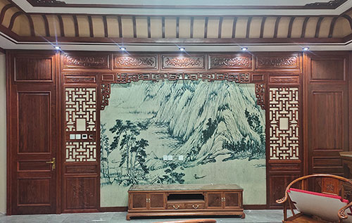 澄海中式仿古别墅客厅背景墙花格木作装饰